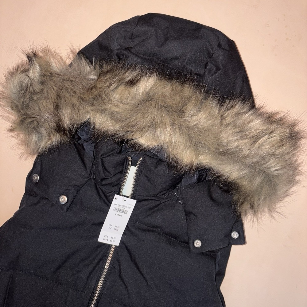 New Hollister Women's Y2K Puffer Vest Faux Fur Lined Hooded Size XS Black